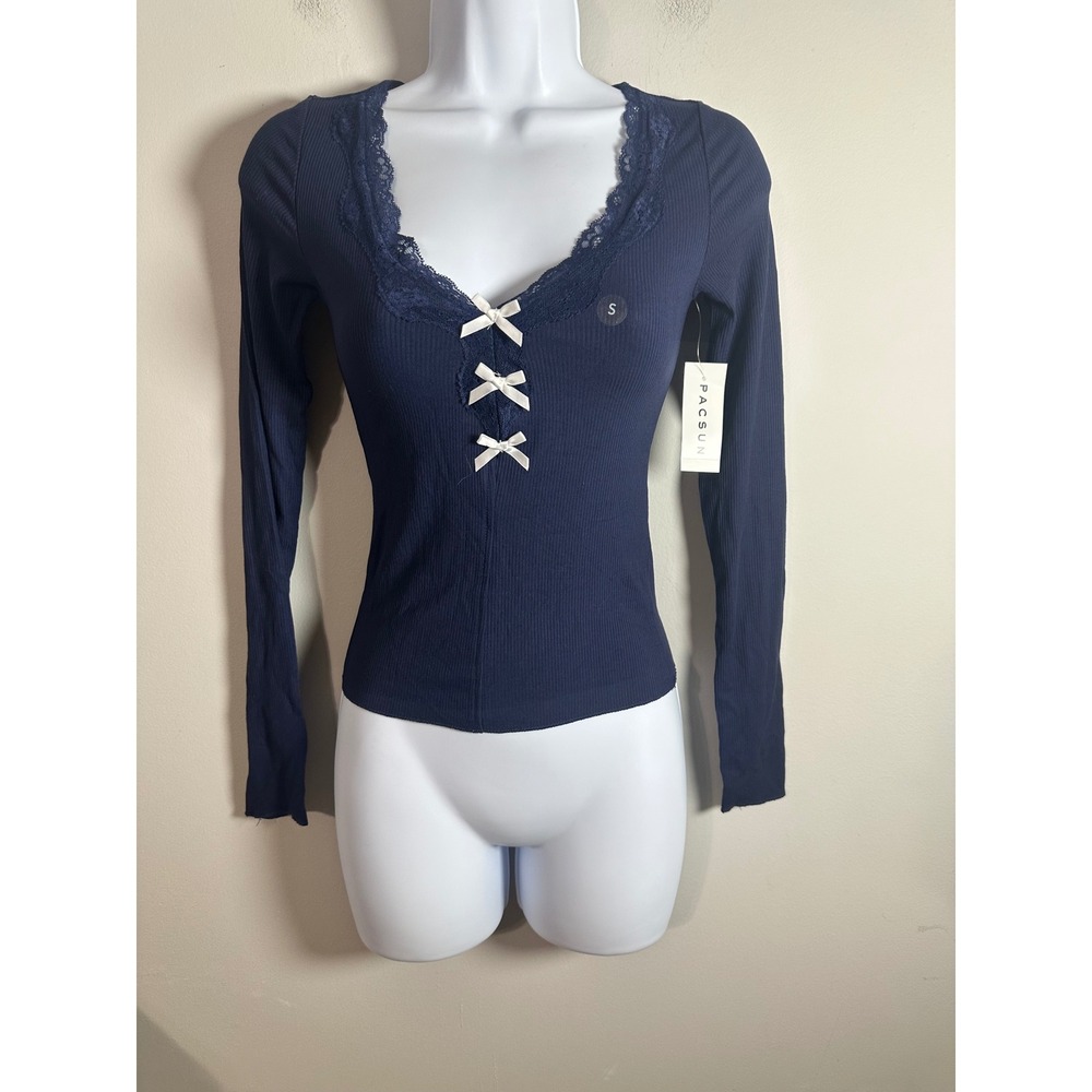 PacSun Est Pac 1980 Navy Blue Ribbed Lace Bow Long Sleeve Top Small NWT
